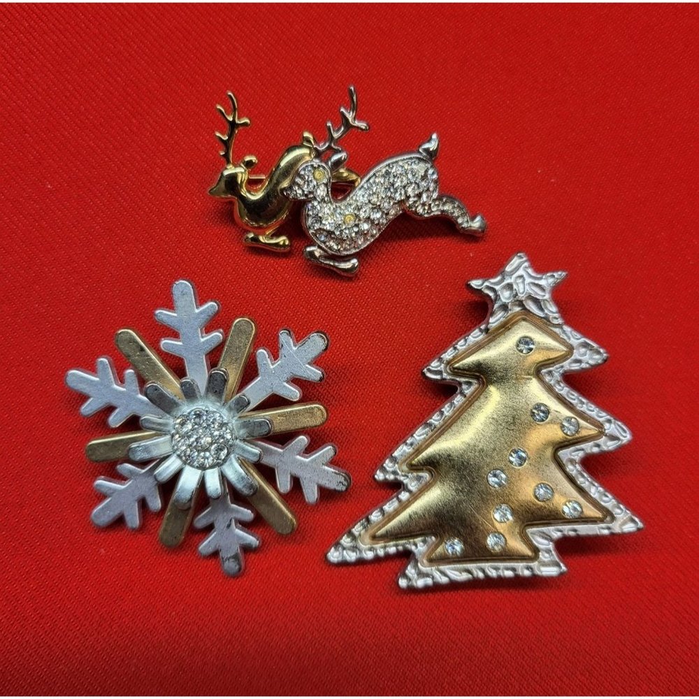 Christmas Pins/ Brooches Set of 3 Silver & Gold Reindeer, Snowflake & Christmas